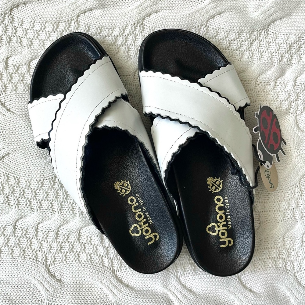 NWT Yokono Leather Slide Sandals Black White Spain Size 9